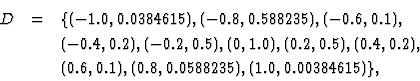 \begin{eqnarray*}D&=&\{(-1.0,0.0384615),(-0.8,0.588235),(-0.6,0.1),\\
&&(-0.4,0...
...5),(0.4,0.2),\\
&&(0.6,0.1),(0.8,0.0588235),(1.0,0.00384615)\},
\end{eqnarray*}