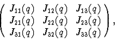 \begin{displaymath}\left( \begin{array}{ccc}
J_{11}(q) & J_{12}(q) & J_{13}(q) ...
... \\
J_{31}(q) & J_{32}(q) & J_{33}(q)
\end{array} \right),
\end{displaymath}