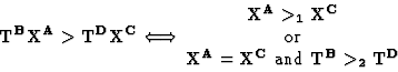 \begin{displaymath}\bf {T}^B\bf {X}^A > \bf {T}^D\bf {X}^C
\Longleftrightarrow ...
...
\bf {X}^A =\bf {X}^C
\hbox{ and }\bf {T}^B >_2 \bf {T}^D\cr}\end{displaymath}