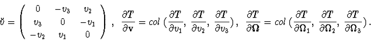 \begin{displaymath}\breve{ v}=\left( \begin{array}{ccc}
0 & -v_{3} & v_{2} \\
v...
...rtial \Omega_{2}},\
{\partial T\over \partial \Omega_{3}})\ .
\end{displaymath}